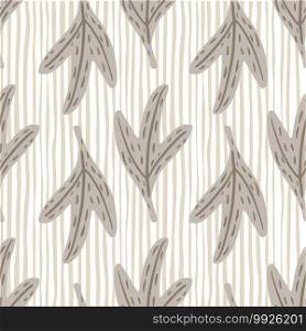 Seamless pattern with doodle grey outline leaves silhouettes. Light striped background. Nature print. Great for fabric design, textile print, wrapping, cover. Vector illustration.. Seamless pattern with doodle grey outline leaves silhouettes. Light striped background. Nature print.