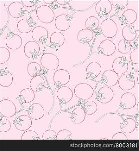 Seamless pattern with doodle illustrations of cherry-tomatoes ovev a pink background