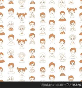 Seamless pattern with doodle portraits cute smiling girls and boys on white background. Vector illustration for kids collection, design, wallpapers, textiles and wrapping paper