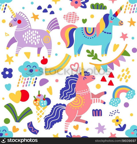 Seamless pattern with doodle rainbow unicorns and elements on a white background. Vector illustration for party, print, baby shower, wallpaper, design, decor, linen, dishes, bed linen, apparel. Seamless pattern doodle rainbow unicorns and elements vector illustration