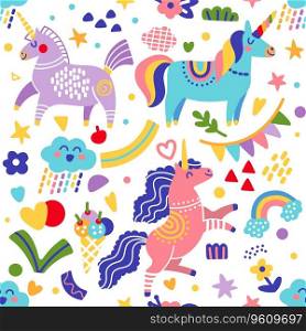 Seamless pattern with doodle rainbow unicorns and elements on a white background. Vector illustration for party, print, baby shower, wallpaper, design, decor, linen, dishes, bed linen, apparel. Seamless pattern doodle rainbow unicorns and elements vector illustration