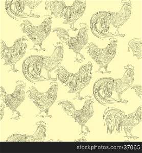 Seamless pattern with doodle roosters over an yellow background