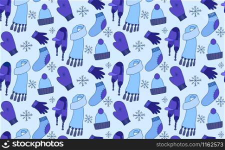 Seamless pattern with doodle winter clothing - hats, socks, mittens for your creativity. Seamless pattern with doodle winter clothing - hats, socks, mitt