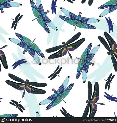 Seamless Pattern with Dragonflies isolated on white background. Design element for textile, fabrics, wallpaper, scrapbooking or etc. Vector illustration.. Seamless Pattern with Dragonflies isolated on white background.
