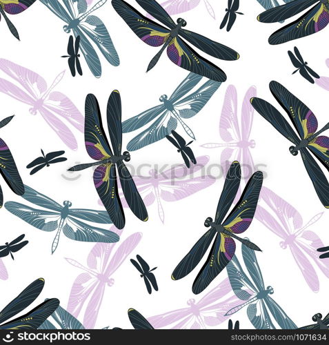 Seamless Pattern with Dragonflies isolated on white background. Design element for textile, fabrics, wallpaper, scrapbooking or etc. Vector illustration.. Seamless Pattern with Dragonflies isolated on white background.