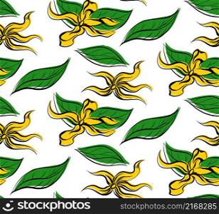 Seamless pattern with drawing tropical flowers ylang ylang and foliage on white background. Vector texture with sketch floral ornament in cartoon style. Natural wallpaper. Seamless pattern with drawing tropical flowers ylang ylang and foliage on white background. Vector texture with sketch floral ornament