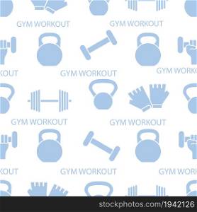 Seamless pattern with dumbbells, gloves, arm with dumbbells. Sports background. Weightlifting equipment.