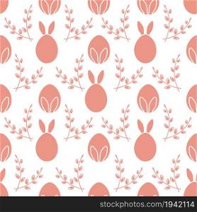 Seamless pattern with Easter Bunny ears, eggs, willow branches. Happy Easter. Festive background. Design for banner, poster or print.
