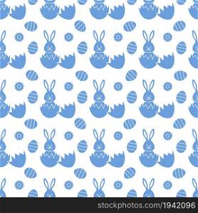 Seamless pattern with Easter Bunny looking out of an egg and decorated eggs. Happy Easter. Festive background. Design for banner, poster or print.