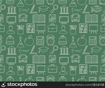 Seamless pattern with education line icons on green background, vector eps10 illustration. Education Seamless Pattern
