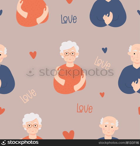 Seamless pattern with elderly couple happy old people. Cute old woman pensioner and bald old man on background with hearts. Vector illustration. Love yourself, find time to care