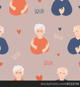 Seamless pattern with elderly couple happy old people. Cute old woman pensioner and bald old man on background with hearts. Vector illustration. Love yourself, find time to care