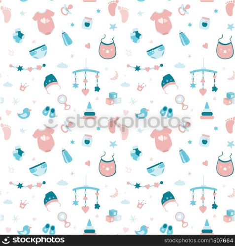 Seamless pattern with elements and objects for a newborn baby. Background decoration infant baby symbols and icons. Texture doodle banner for print. Flat vector illustration