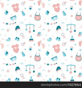 Seamless pattern with elements and objects for a newborn baby. Background decoration infant baby symbols and icons. Texture doodle banner for print. Flat vector illustration