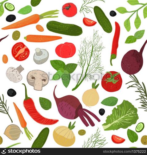 Seamless pattern with elements for cooking. Vegetables whole and in pieces and herbs. Hand drawn elements with textures. Vector illustration. Seamless pattern with elements for cooking.Vegetables whole and in pieces . Vector