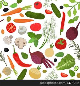 Seamless pattern with elements for cooking. Vegetables whole and in pieces and herbs. Hand drawn elements with textures. Vector illustration. Seamless pattern with elements for cooking.Vegetables whole and in pieces . Vector