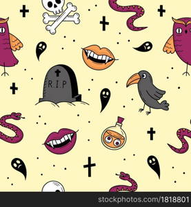 Seamless pattern with elements for Halloween. Mystical scary objects. Cats, pumpkins, ghosts, potion. Doodle style illustration