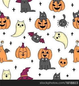 Seamless pattern with elements for Halloween. Mystical scary objects. Cats, pumpkins, ghosts, potion. Doodle style illustration