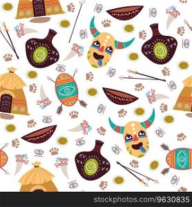 Seamless pattern with elements of African culture. Ethnic background. Mask and vase. Decor textile, wrapping paper, wallpaper design. Print for fabric. Cartoon flat style illustration. Vector concept. Seamless pattern with elements of African culture. Ethnic background. Mask and vase. Decor textile, wrapping paper, wallpaper design. Print for fabric. Cartoon flat style vector concept