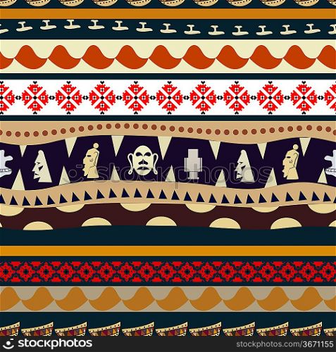 Seamless pattern with elements of embroidery and tribal masks