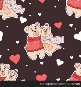 Seamless pattern with enamored bears on black background with hearts. Vector illustration. Endless background for valentines, wallpapers, packaging, print