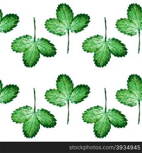 Seamless pattern with engraved strawberry leaves