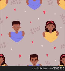 Seamless pattern with ethnic young people. dark-skinned cute girl with hairstyle and young man hug their shoulders on purple background with hearts and decor. Vector illustration love yourself concept