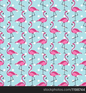 Seamless pattern with exotic pink Flamingo, funny delicate polka dot background, vector illustration