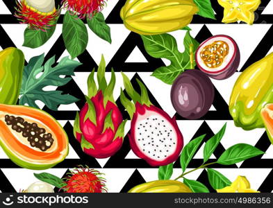Seamless pattern with exotic tropical fruits. Illustration of asian plants. Seamless pattern with exotic tropical fruits. Illustration of asian plants.