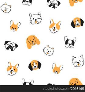 Seamless pattern with faces of different breeds dogs. Corgi, Pug, Chihuahua, Terrier, Pomeranian, Spaniel. Texture with dog heads. Hand drawn vector illustration in doodle style on white background. Seamless pattern with heads of different breeds dogs. Corgi, Pug, Chihuahua, Terrier, Husky, Pomeranian.
