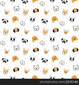 Seamless pattern with faces of different breeds dogs. Corgi, Pug, Chihuahua, Terrier, Pomeranian, Spaniel. Texture with dog heads. Hand drawn vector illustration in doodle style on white background. Seamless pattern with heads of different breeds dogs. Corgi, Pug, Chihuahua, Terrier, Husky, Pomeranian.