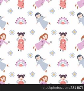 Seamless pattern with fairy. Endless wallpaper in nursery. Vector illustration with girl. Cute princess and rainbow.