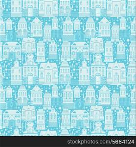 Seamless pattern with fairy tale houses, lanterns, trees. Christmas city endless background. Light silhouettes on blue background with snowflakes. Winter time. Ready to use as swatch