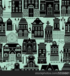 Seamless pattern with fairy tale houses, lanterns, trees. City endless background. Ready to use as swatch. Black silhouettes on blue background.