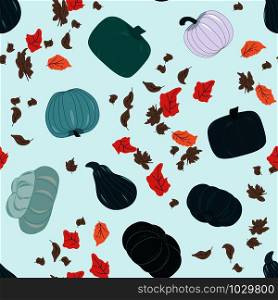 Seamless pattern with fall harvest blue green pumpkins and autumn leaves. Unique and delicious varieties of winter squashes repeat design. Vector Illustration.. Seamless pattern with fall harvest blue pumpkins and autumn leaves