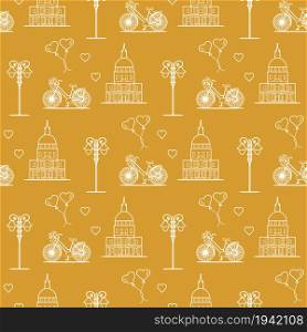 Seamless pattern with famous building, bicycle, lantern, balloons, hearts. Travel and leisure. Valentine&rsquo;s Day. Romantic background.