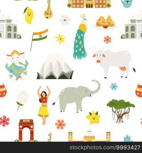 Seamless pattern with famous symbols, landmarks, animals of India. Vector illustration for greeting cards, placards, wallpaper, textile.. Seamless pattern with famous symbols, landmarks, animals of India.