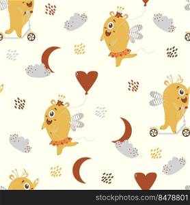 Seamless pattern with fantastic monsters. Cute couple of yellow monsters on a scooter - girl and boy with wings and a balloon on a white background with a cloud and the moon. Vector. Kids Collection 
