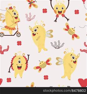 seamless pattern with fantastic monsters. Cute yellow monsters - girl on scooter and boy with hairdo in background with butterflies, flowers and bees. Vector illustration. Kids Collection 