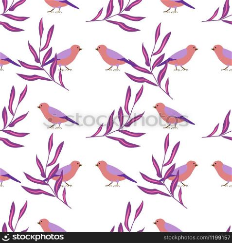 Seamless pattern with fantastic tropical plants and birds, flat style, vector illustration