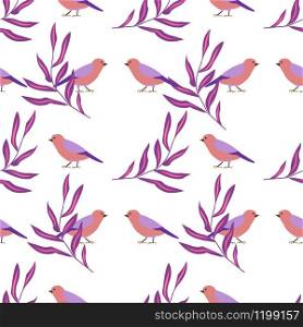 Seamless pattern with fantastic tropical plants and birds, flat style, vector illustration