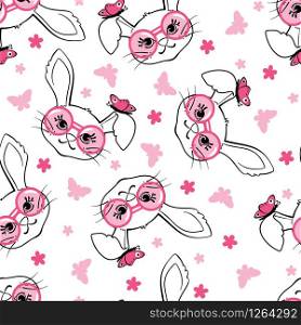 Seamless pattern with fashion bunny girl with glasses and butterfly isolated on white background. Design element for apparel, fabric, textile, wallpaper, wrapping paper. Vector illustration.. Seamless pattern with fashion bunny girl with glasses isolated on white background.