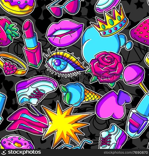 Seamless pattern with fashion girlish patches. Colorful cute teenage background. Creative girls symbols in modern style.. Seamless pattern with fashion girlish patches. Colorful cute teenage background.