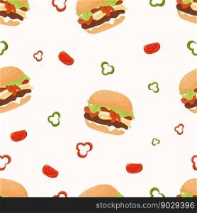 Seamless pattern with fast food hamburger on white background. Vector Illustration in flat cartoon style for wallpaper, design, textile, packaging, decor