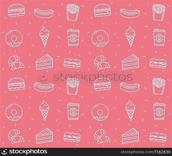 Seamless pattern with fast food line icons, vector eps10 illustration. Fast Food Seamless Pattern