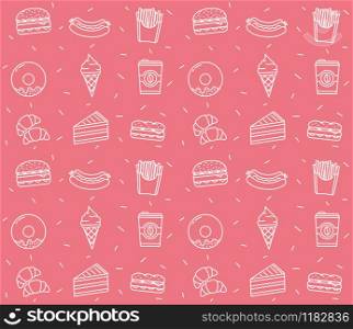 Seamless pattern with fast food line icons, vector eps10 illustration. Fast Food Seamless Pattern