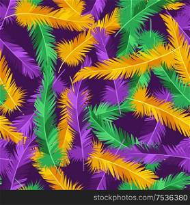 Seamless pattern with feathers in Mardi Gras colors. Carnival background for traditional holiday or festival.. Seamless pattern with feathers in Mardi Gras colors.