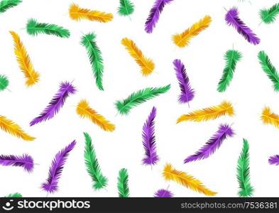 Seamless pattern with feathers in Mardi Gras colors. Carnival background for traditional holiday or festival.. Seamless pattern with feathers in Mardi Gras colors.
