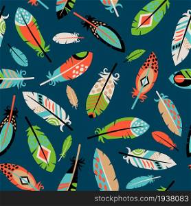 Seamless pattern with feathers on blue background