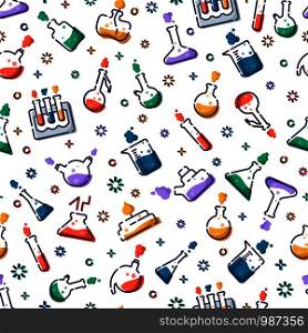 seamless pattern with filled icons - laboratory flasks, measuring cup and test tubes for diagnosis, analysis, scientific experiment. Chemical lab and equipment. Isolated vector endless texture. Laboratory Flasks Icon Set
